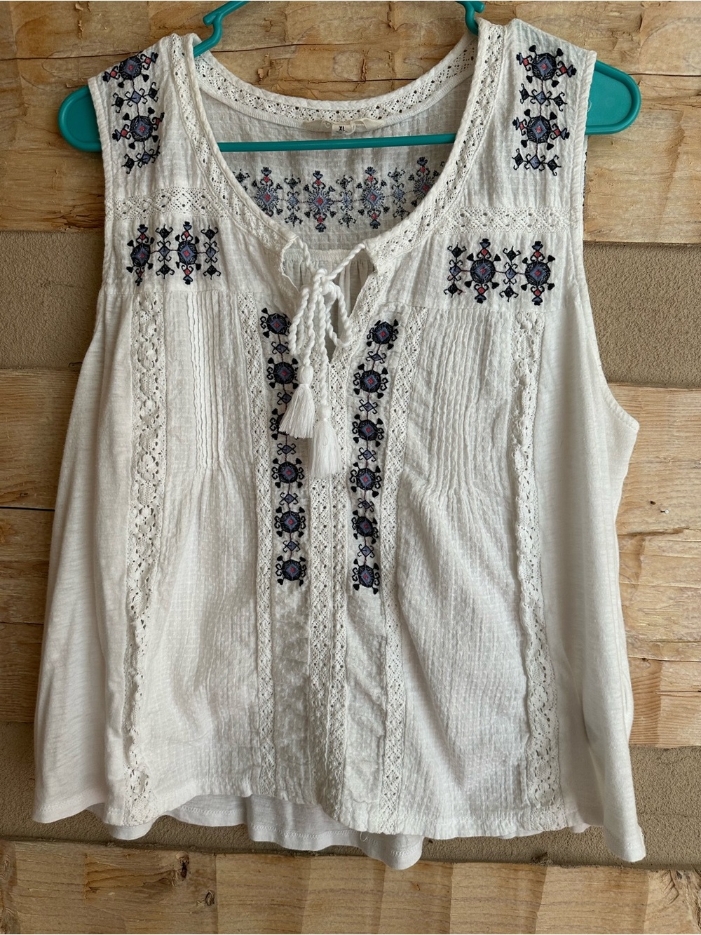 Lucky Brand White Embroidered Tassel Tank Top